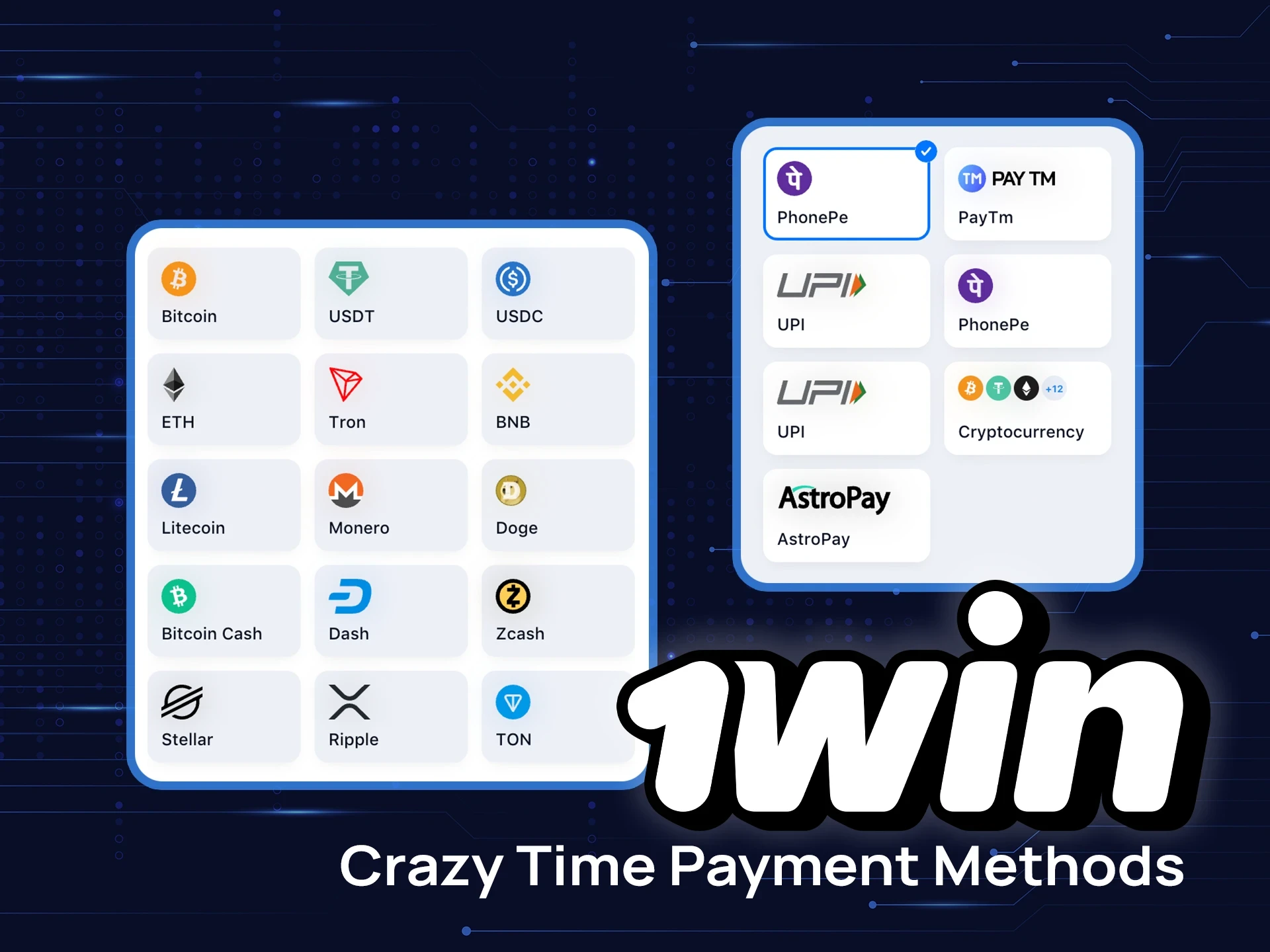 Check out the available payment methods for playing Crazy Time on 1win.