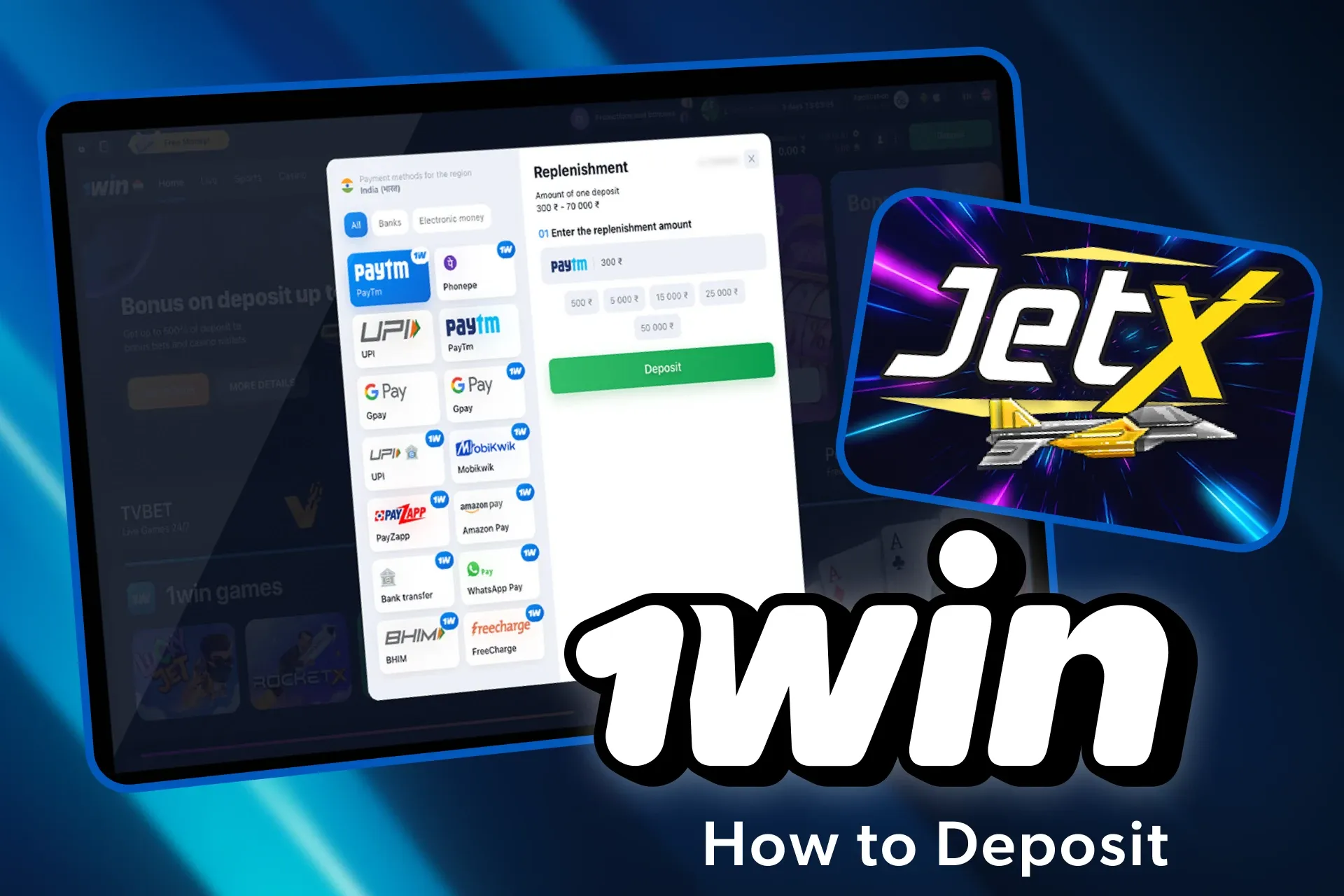 Go to the 1win cashier to deposit your account and play Jet X.