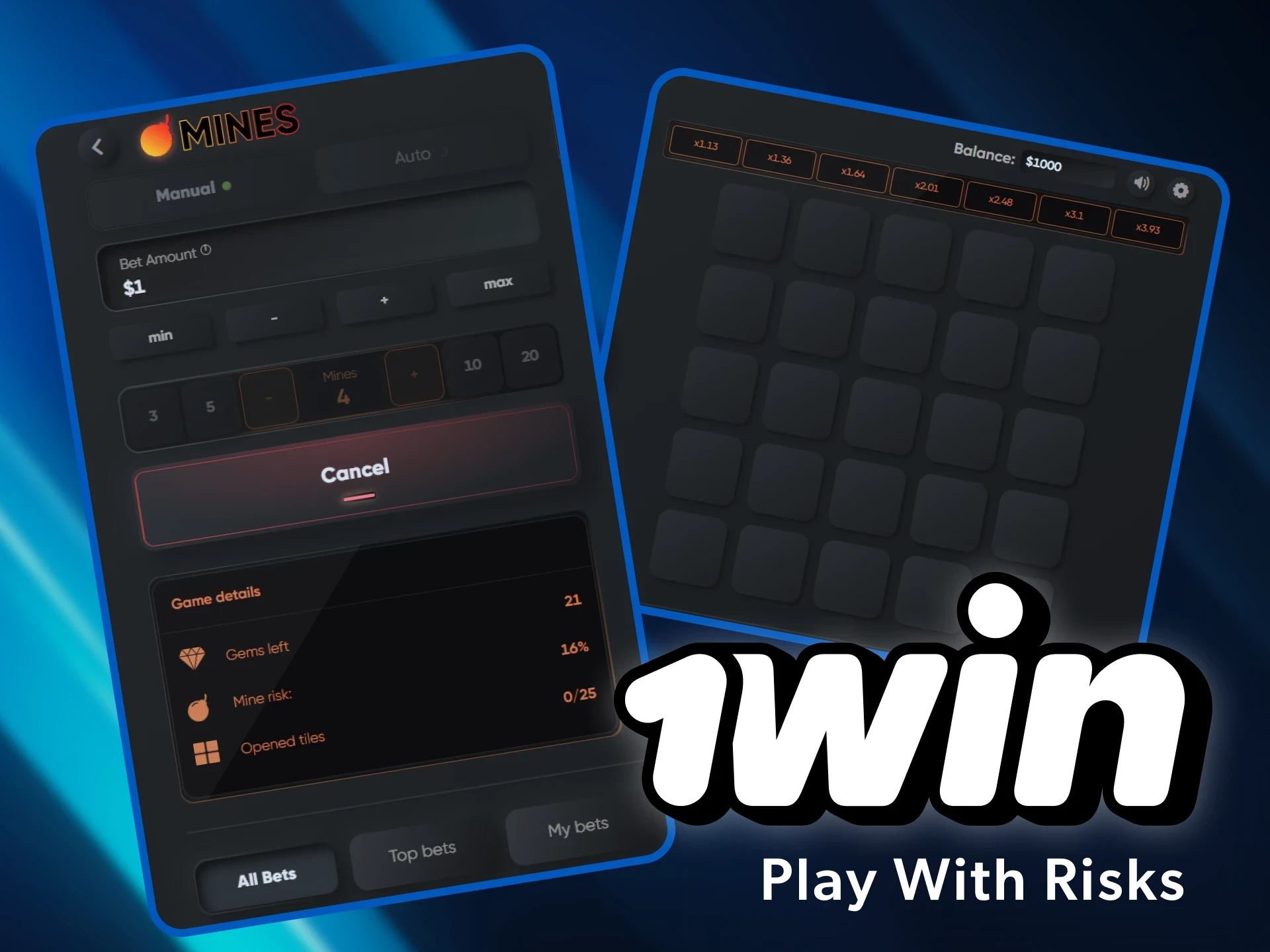 Play and win mines games at the 1win online casino.